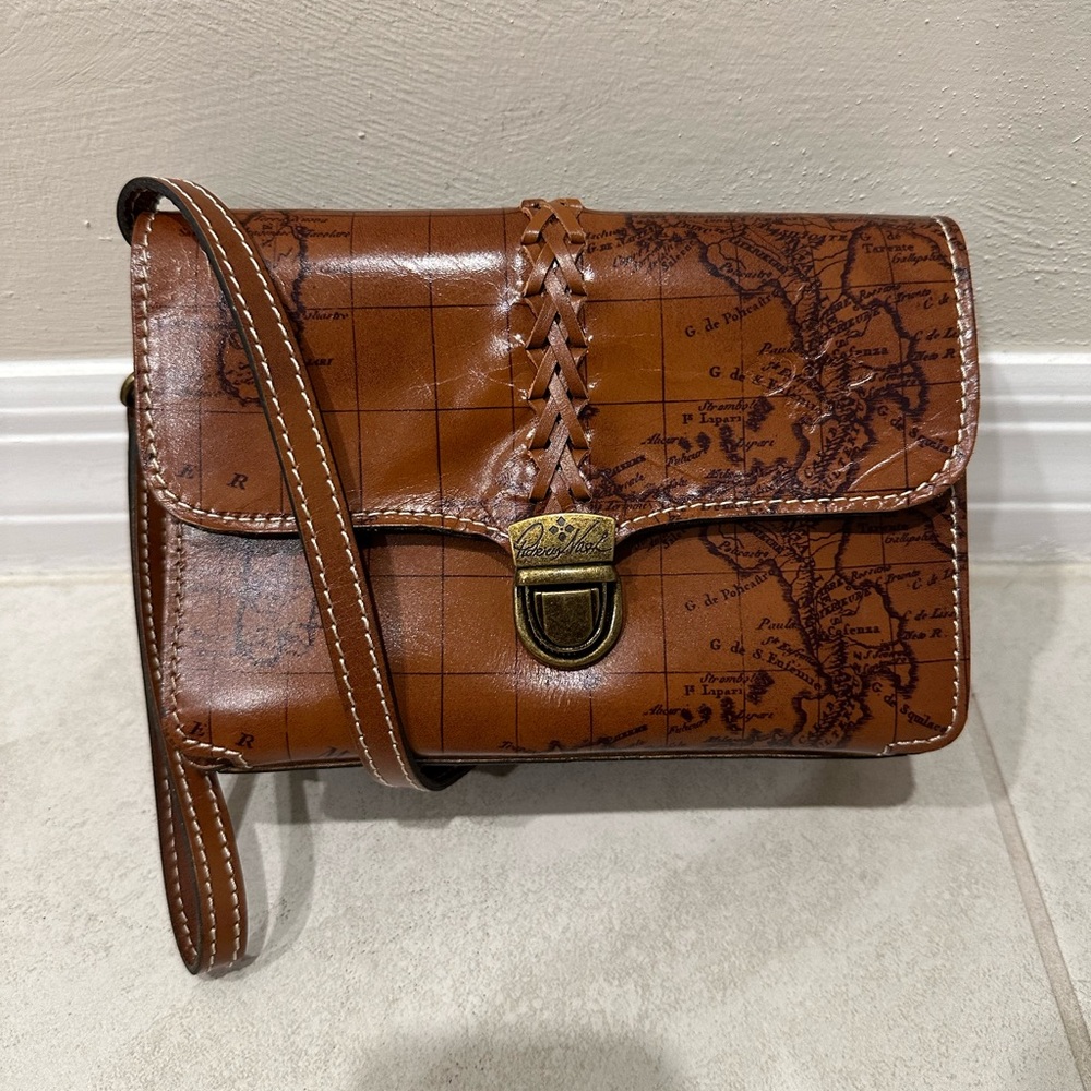 Patricia Nash Bianco Brown Map Print Leather Crossbody Bag